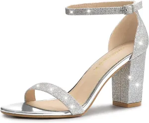 Allegra K Women's Glitter Ankle Strap Chunky Heels Sandals