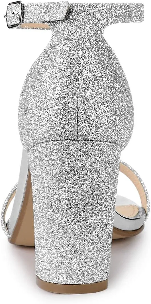 Allegra K Women's Glitter Ankle Strap Chunky Heels Sandals