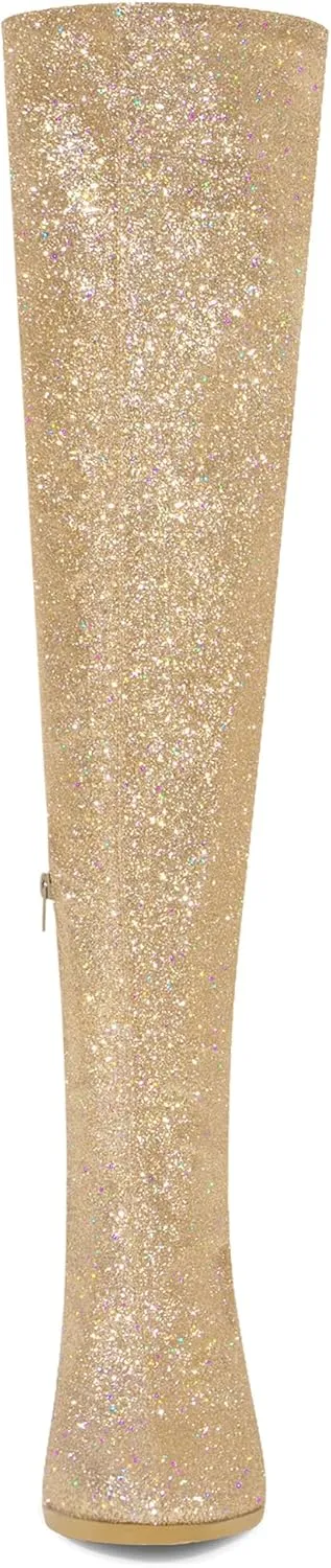 Allegra K Women's Glitter Boots Round Toe Chunky Heel Over the Knee High Boots