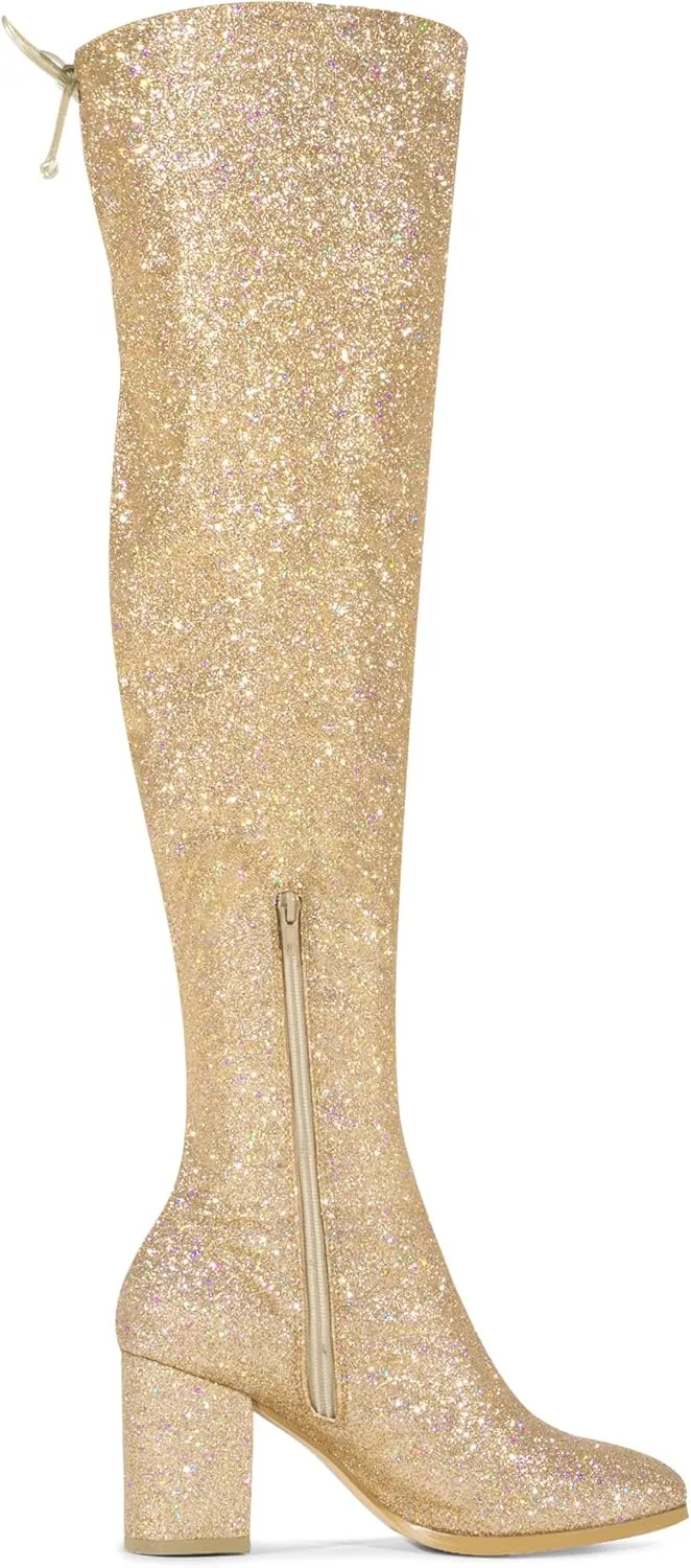 Allegra K Women's Glitter Boots Round Toe Chunky Heel Over the Knee High Boots