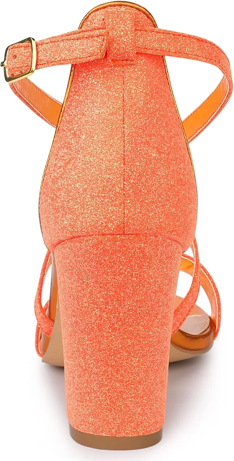 Allegra K Women's Glitter Crisscross Strap Block Heels Sandals