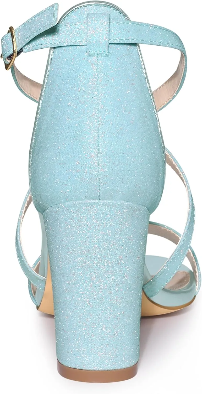 Allegra K Women's Glitter Crisscross Strap Block Heels Sandals