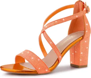 Allegra K Women's Glitter Crisscross Strap Block Heels Sandals