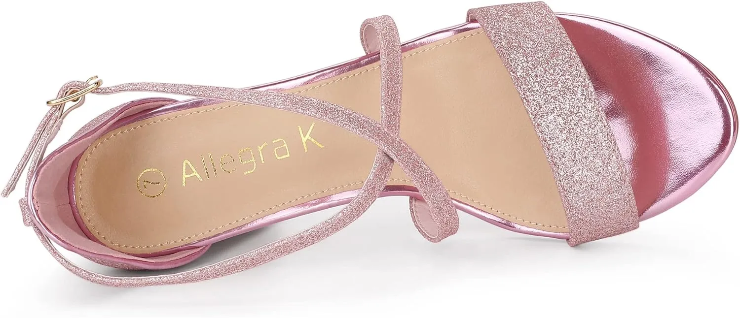 Allegra K Women's Glitter Crisscross Strap Block Heels Sandals