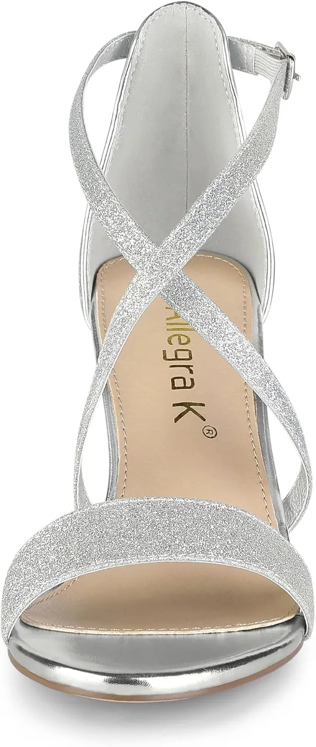 Allegra K Women's Glitter Crisscross Strap Block Heels Sandals
