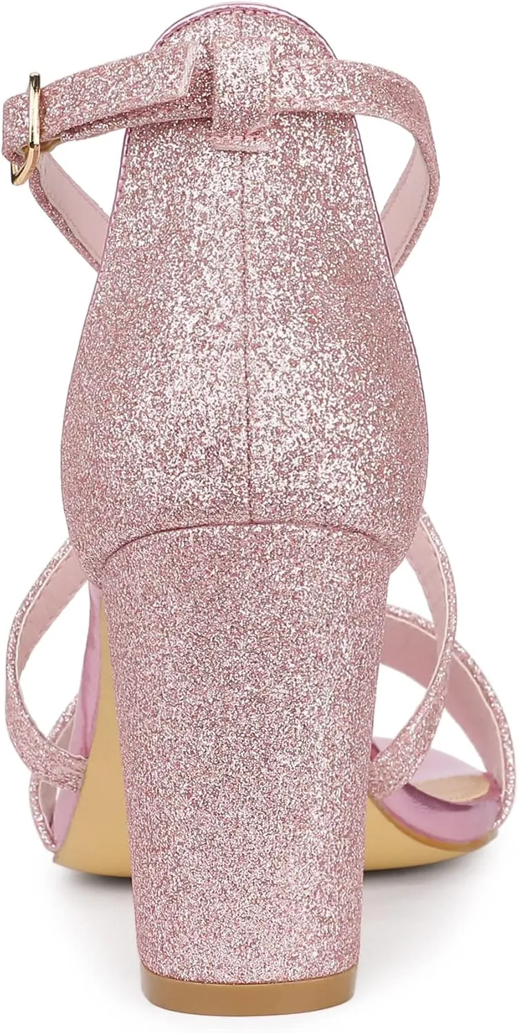 Allegra K Women's Glitter Crisscross Strap Block Heels Sandals
