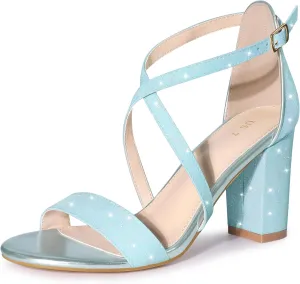 Allegra K Women's Glitter Crisscross Strap Block Heels Sandals
