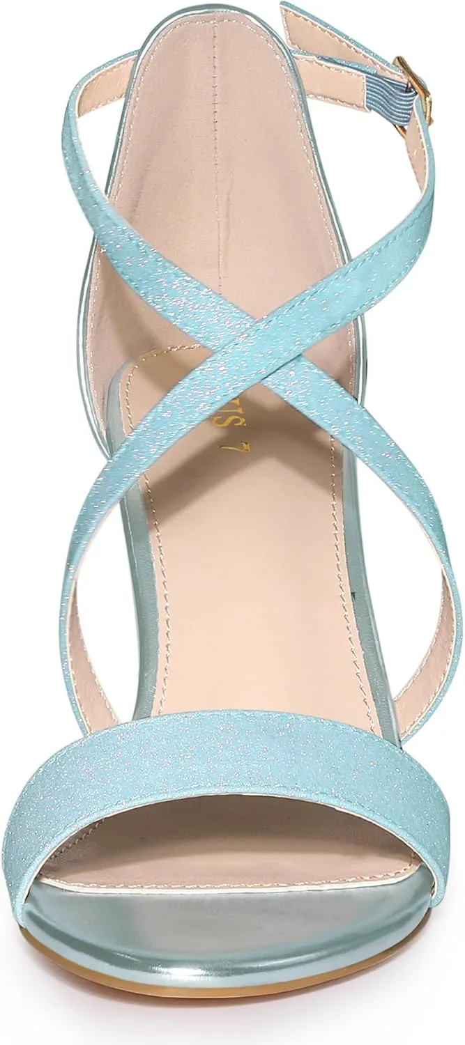 Allegra K Women's Glitter Crisscross Strap Block Heels Sandals