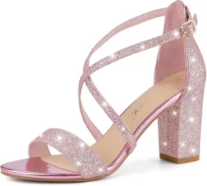 Allegra K Women's Glitter Crisscross Strap Block Heels Sandals