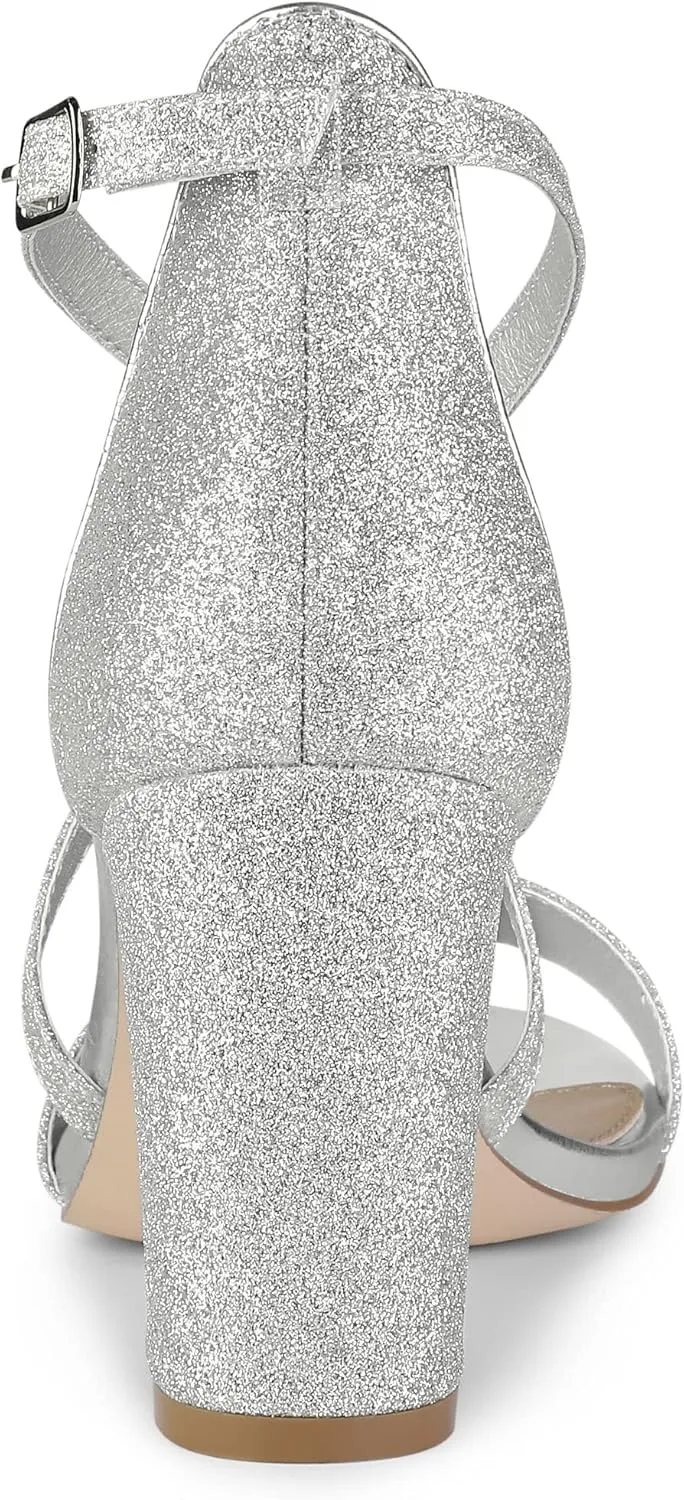 Allegra K Women's Glitter Crisscross Strap Block Heels Sandals