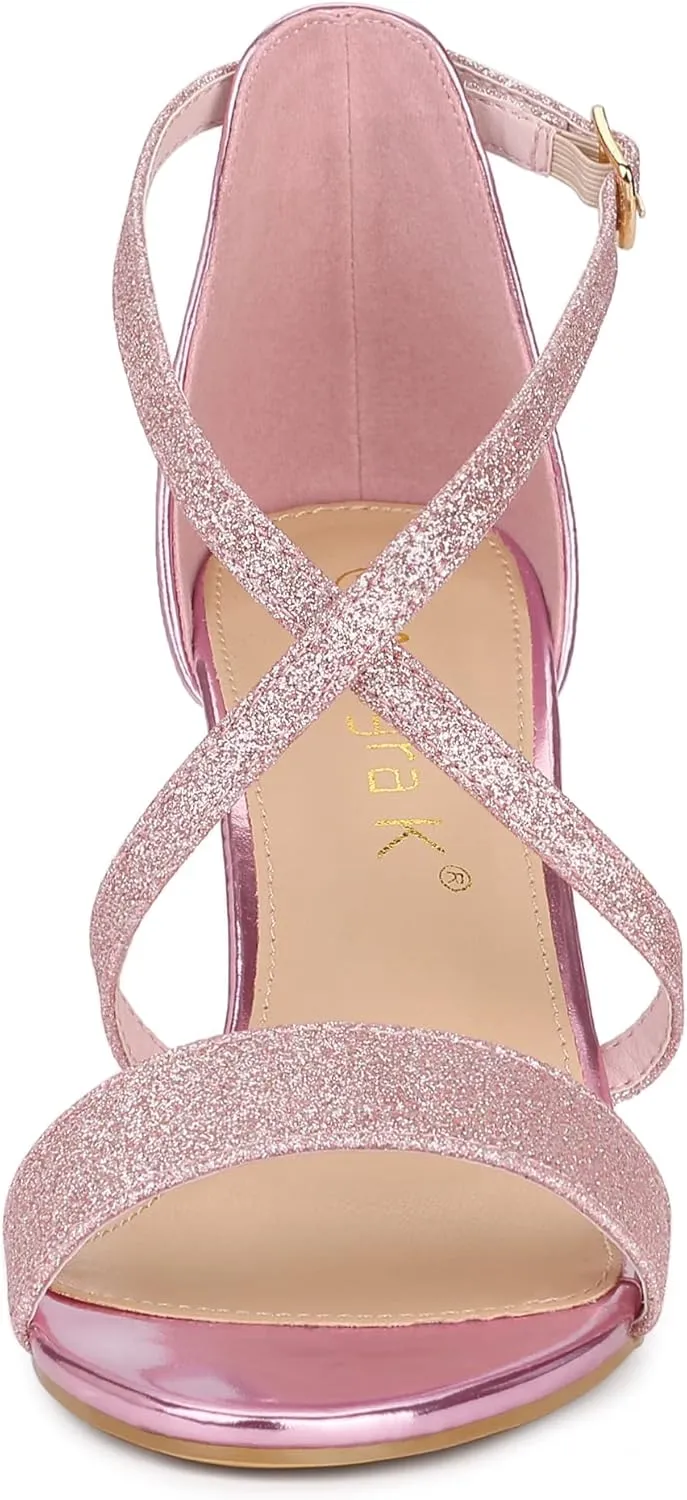 Allegra K Women's Glitter Crisscross Strap Block Heels Sandals
