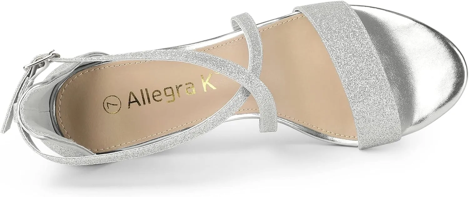 Allegra K Women's Glitter Crisscross Strap Block Heels Sandals