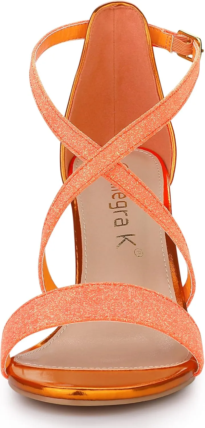 Allegra K Women's Glitter Crisscross Strap Block Heels Sandals