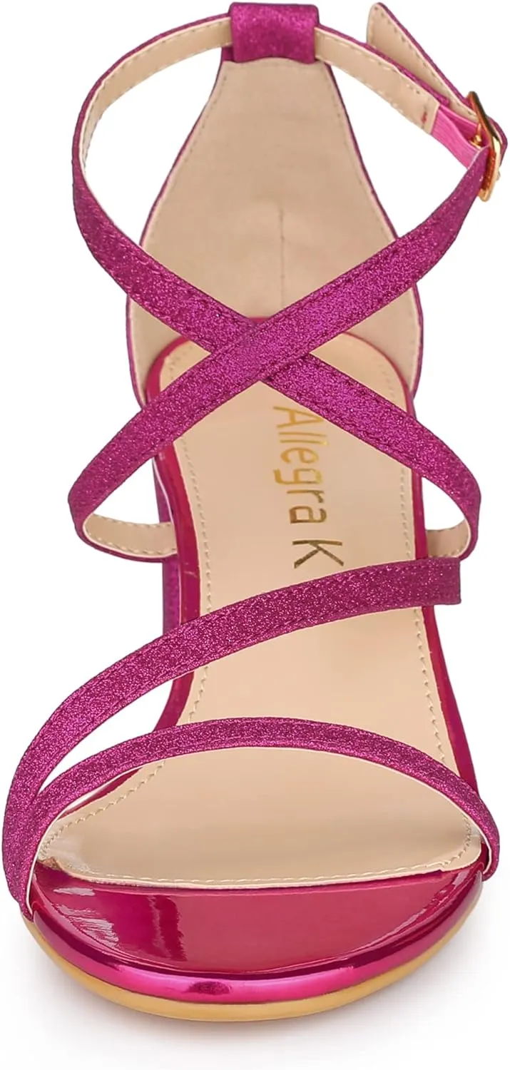 Allegra K Women's Glitter Crisscross Strap Chunky Heels Sandals