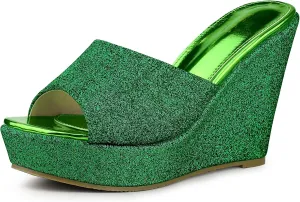 Allegra K Women's Glitter Platform Slip on Wedge Heels Sandals