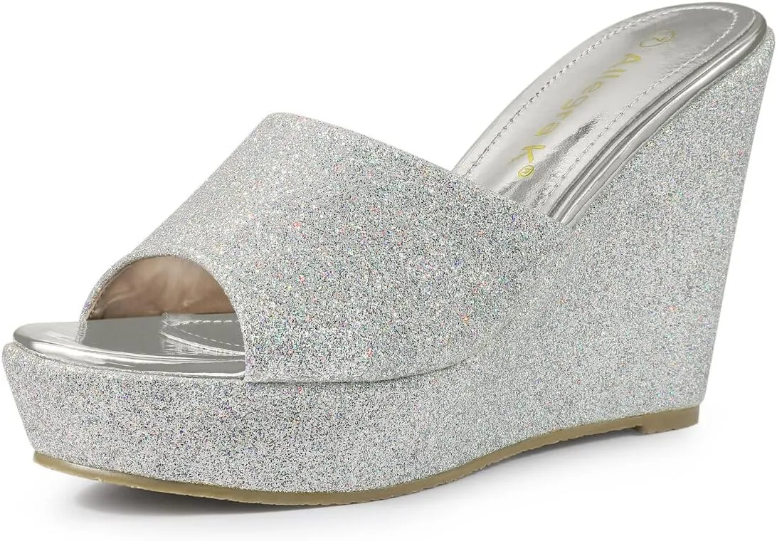 Allegra K Women's Glitter Platform Slip on Wedge Heels Sandals