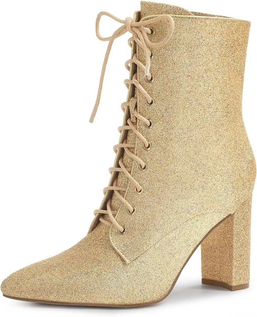 Allegra K Women's Glitter Pointed Toe Block Heel Halloween Ankle Boots
