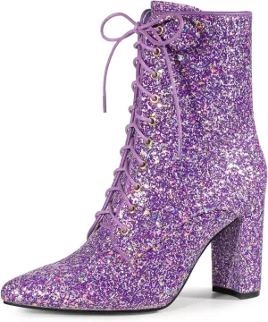 Allegra K Women's Glitter Pointed Toe Block Heel Halloween Ankle Boots