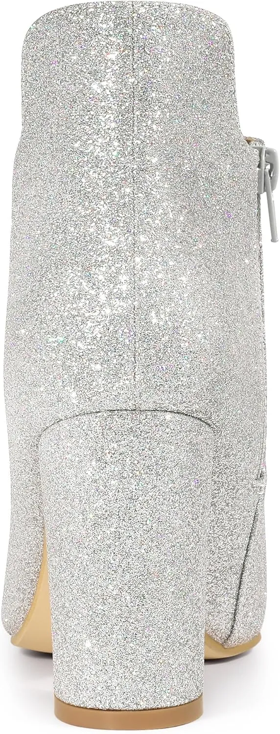 Allegra K Women's Glitter Pointed Toe Cutout Block Heel Ankle Booties