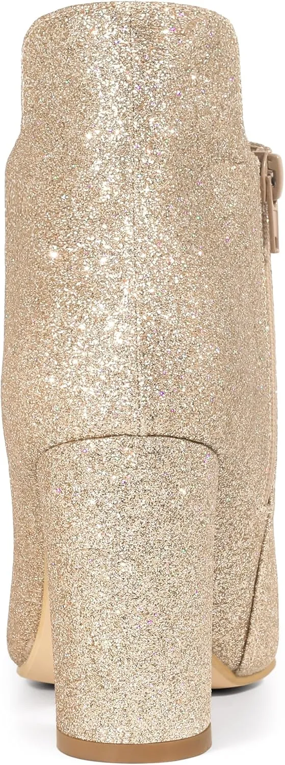 Allegra K Women's Glitter Pointed Toe Cutout Block Heel Ankle Booties