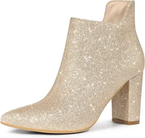 Allegra K Women's Glitter Pointed Toe Cutout Block Heel Ankle Booties