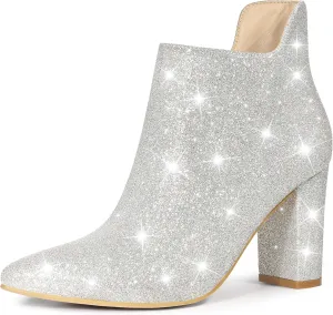 Allegra K Women's Glitter Pointed Toe Cutout Block Heel Ankle Booties