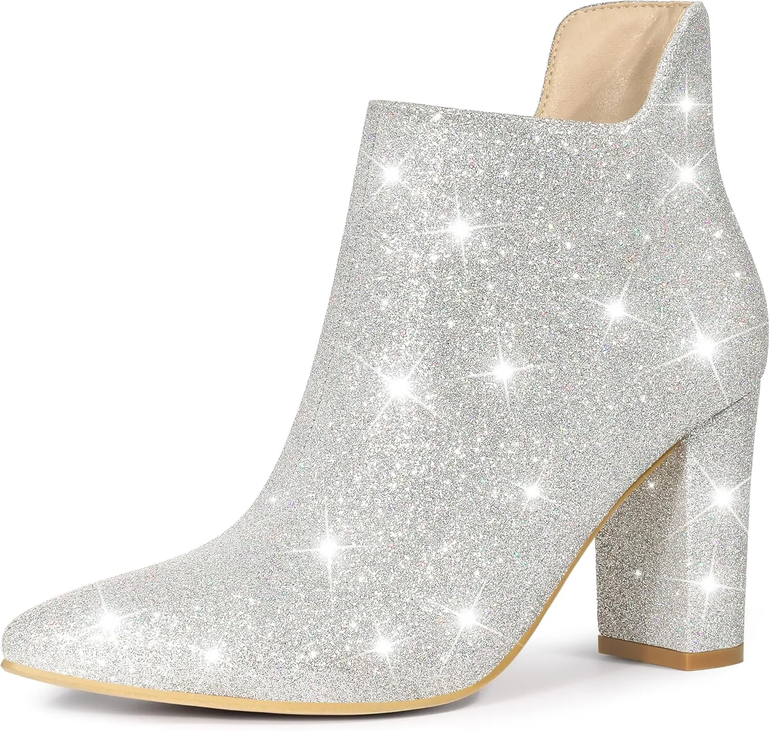 Allegra K Women's Glitter Pointed Toe Cutout Block Heel Ankle Booties