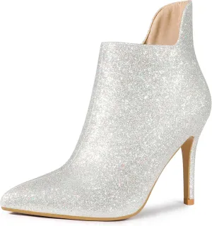 Allegra K Women's Glitter Pointed Toe Cutout Sparkly Stiletto Heels Ankle Boots