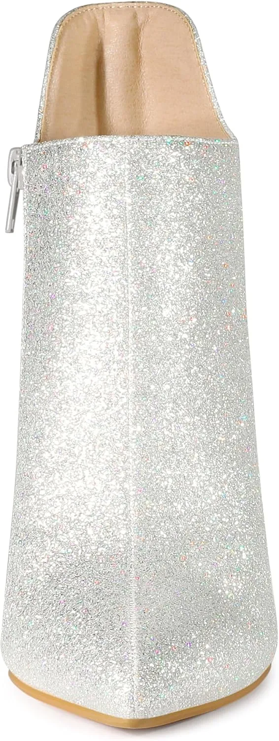 Allegra K Women's Glitter Pointed Toe Cutout Sparkly Stiletto Heels Ankle Boots