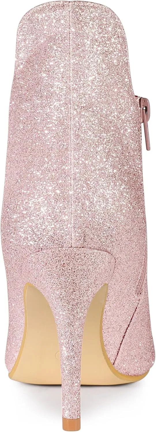 Allegra K Women's Glitter Pointed Toe Cutout Sparkly Stiletto Heels Ankle Boots