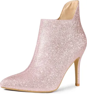 Allegra K Women's Glitter Pointed Toe Cutout Sparkly Stiletto Heels Ankle Boots