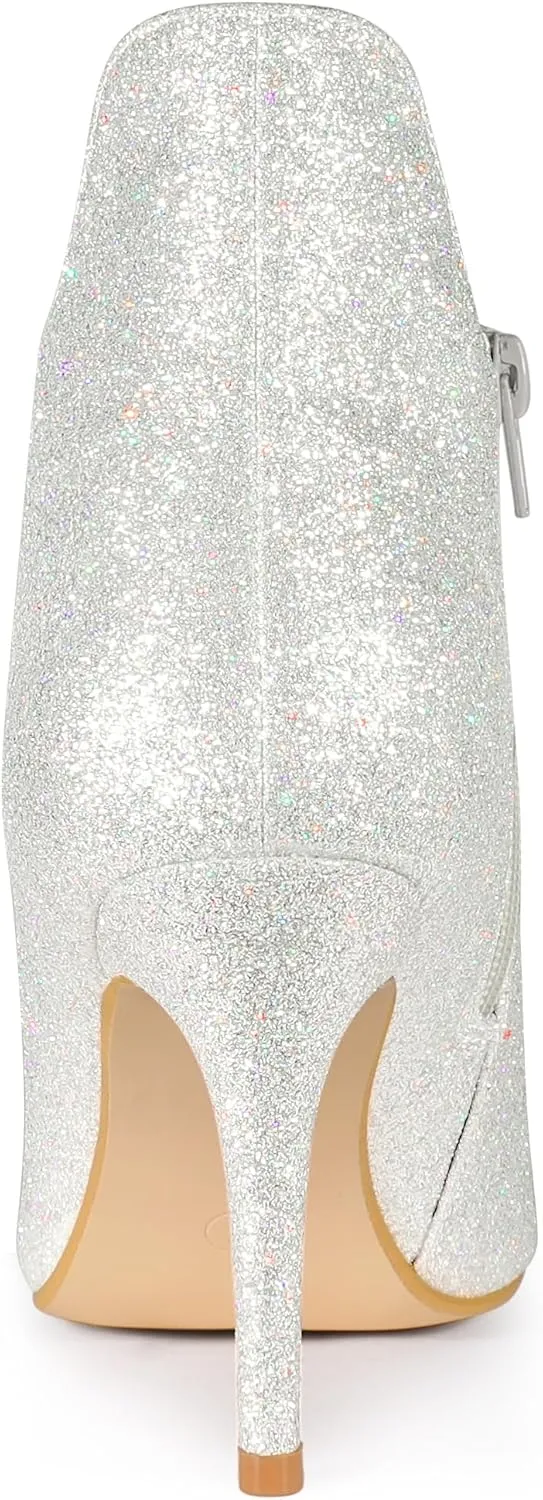 Allegra K Women's Glitter Pointed Toe Cutout Sparkly Stiletto Heels Ankle Boots