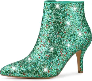 Allegra K Women's Glitter Pointed Toe Stiletto Heel Ankle Boots