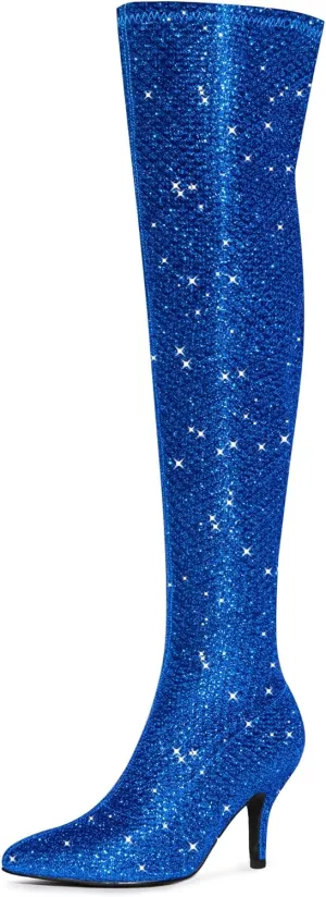 Allegra K Women's Glitter Pointed Toe Stiletto Heel Over the Knee Thigh High Boot