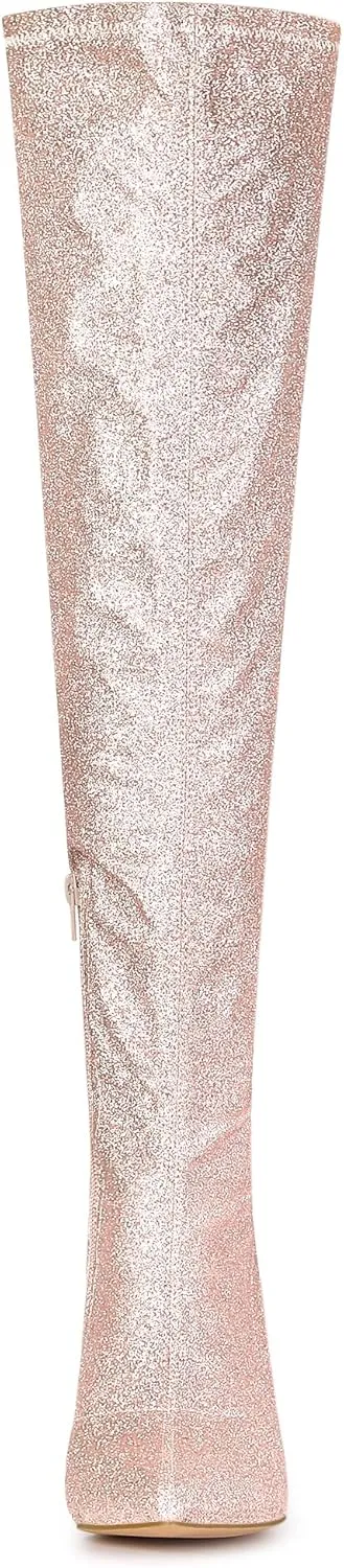 Allegra K Women's Glitter Pointed Toe Stiletto Heel Over the Knee Thigh High Boot