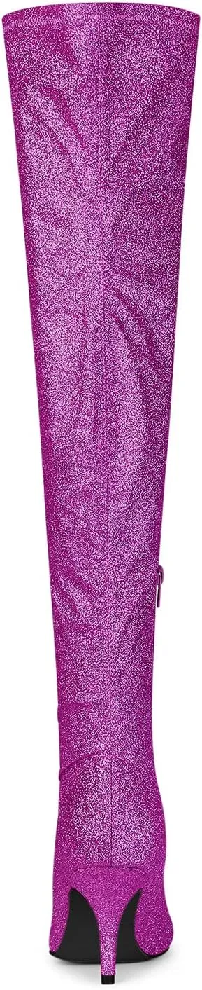 Allegra K Women's Glitter Pointed Toe Stiletto Heel Over the Knee Thigh High Boot