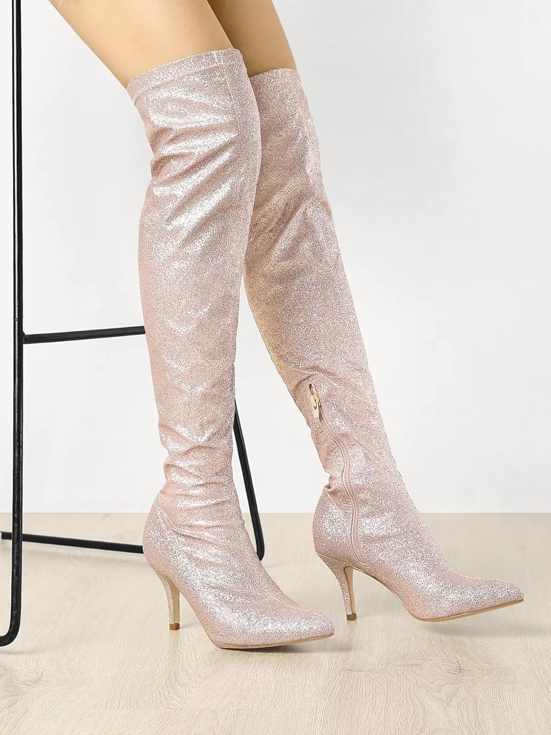 Allegra K Women's Glitter Pointed Toe Stiletto Heel Over the Knee Thigh High Boot