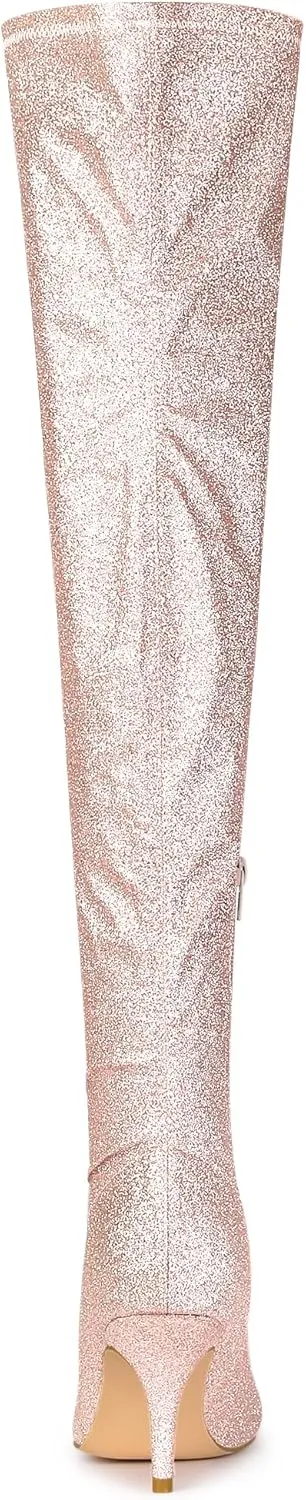 Allegra K Women's Glitter Pointed Toe Stiletto Heel Over the Knee Thigh High Boot