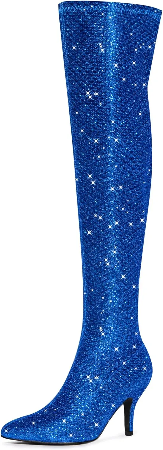 Allegra K Women's Glitter Pointed Toe Stiletto Heel Over the Knee Thigh High Boot
