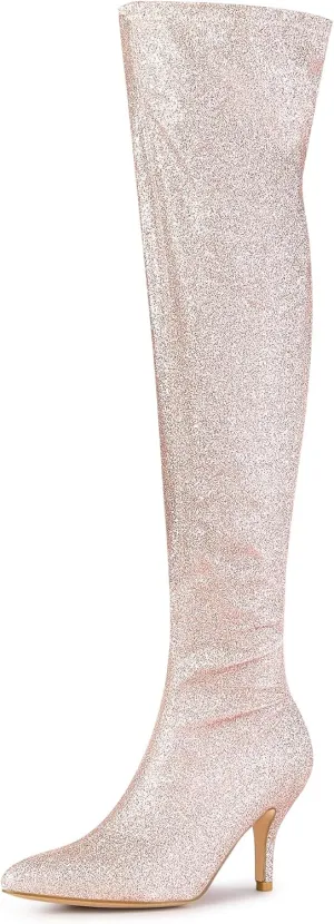 Allegra K Women's Glitter Pointed Toe Stiletto Heel Over the Knee Thigh High Boot