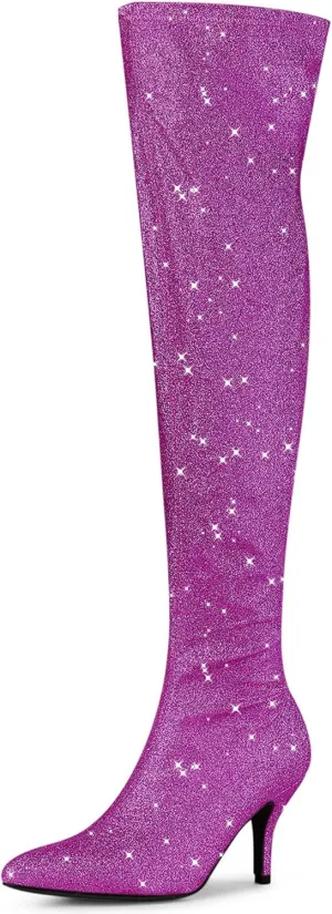 Allegra K Women's Glitter Pointed Toe Stiletto Heel Over the Knee Thigh High Boot