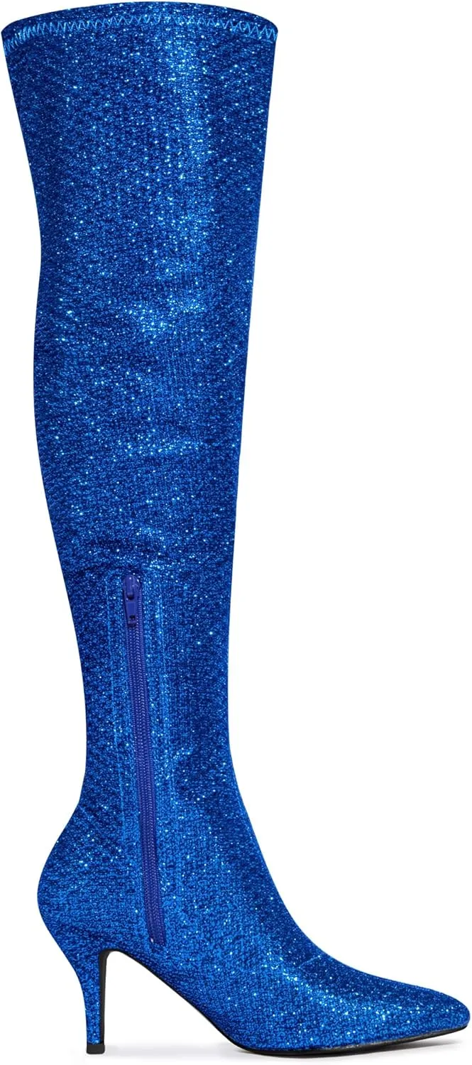 Allegra K Women's Glitter Pointed Toe Stiletto Heel Over the Knee Thigh High Boot