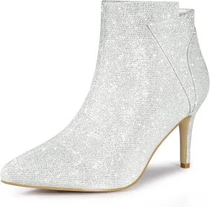 Allegra K Women's Glitter Pointed Toe Zipper Stiletto Heel Ankle Boots