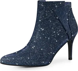 Allegra K Women's Glitter Pointed Toe Zipper Stiletto Heel Ankle Boots
