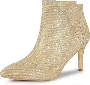 Allegra K Women's Glitter Pointed Toe Zipper Stiletto Heel Ankle Boots