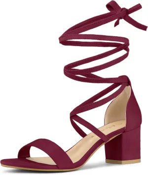 Allegra K Women's Open Toe Lace Up Mid Chunky Heeled Sandals