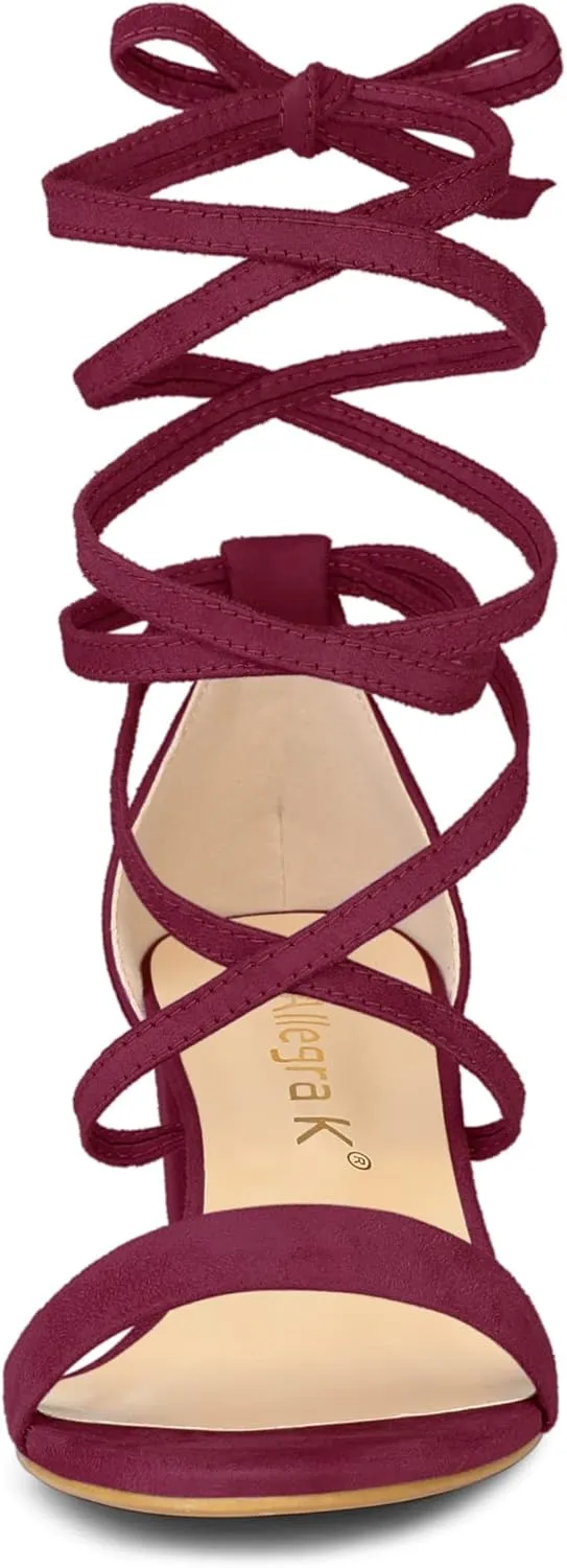Allegra K Women's Open Toe Lace Up Mid Chunky Heeled Sandals