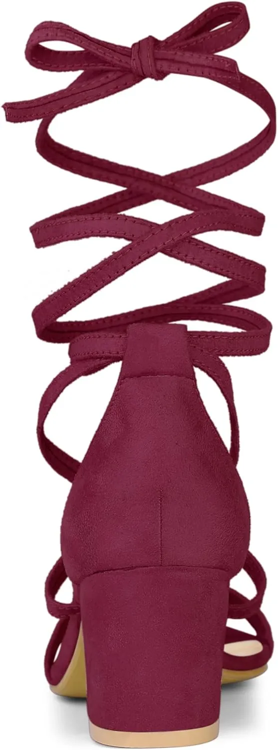 Allegra K Women's Open Toe Lace Up Mid Chunky Heeled Sandals
