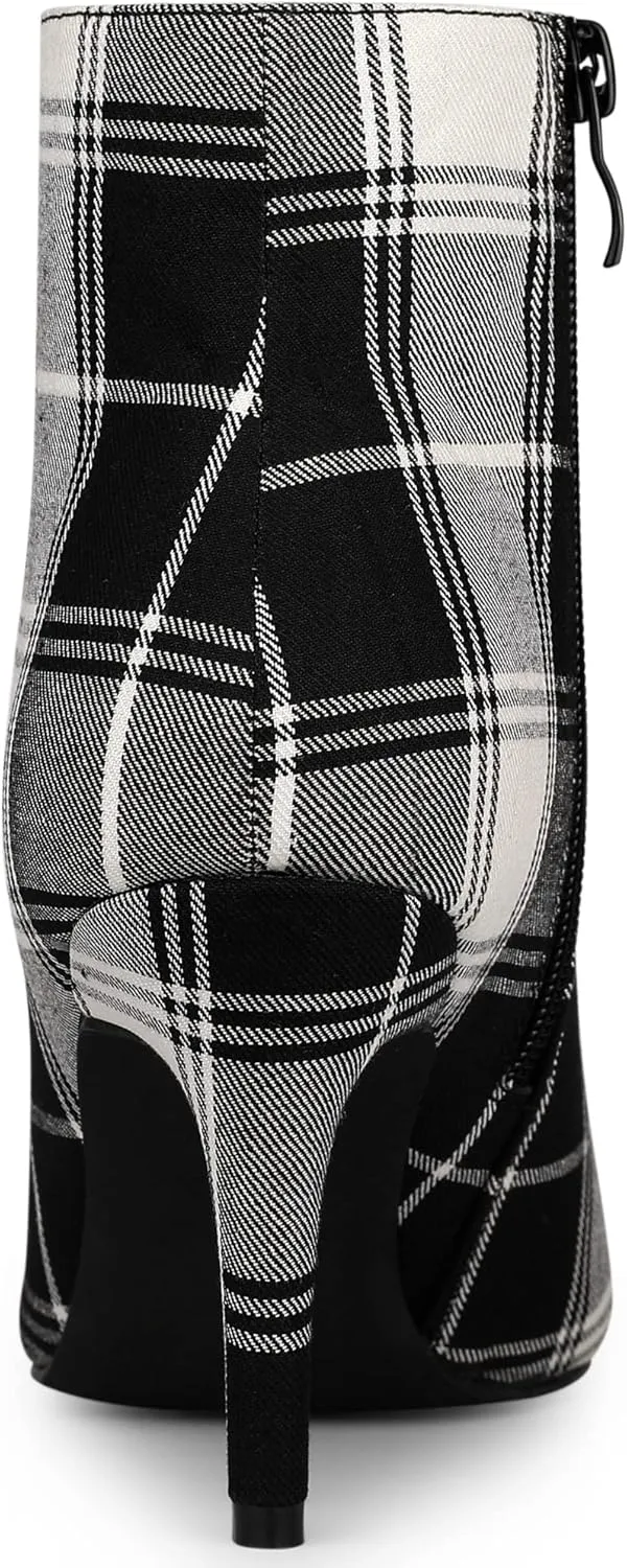 Allegra K Women's Plaid Pointed Toe Side Zip Stiletto Heel Ankle Boots