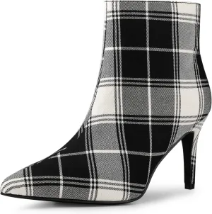 Allegra K Women's Plaid Pointed Toe Side Zip Stiletto Heel Ankle Boots